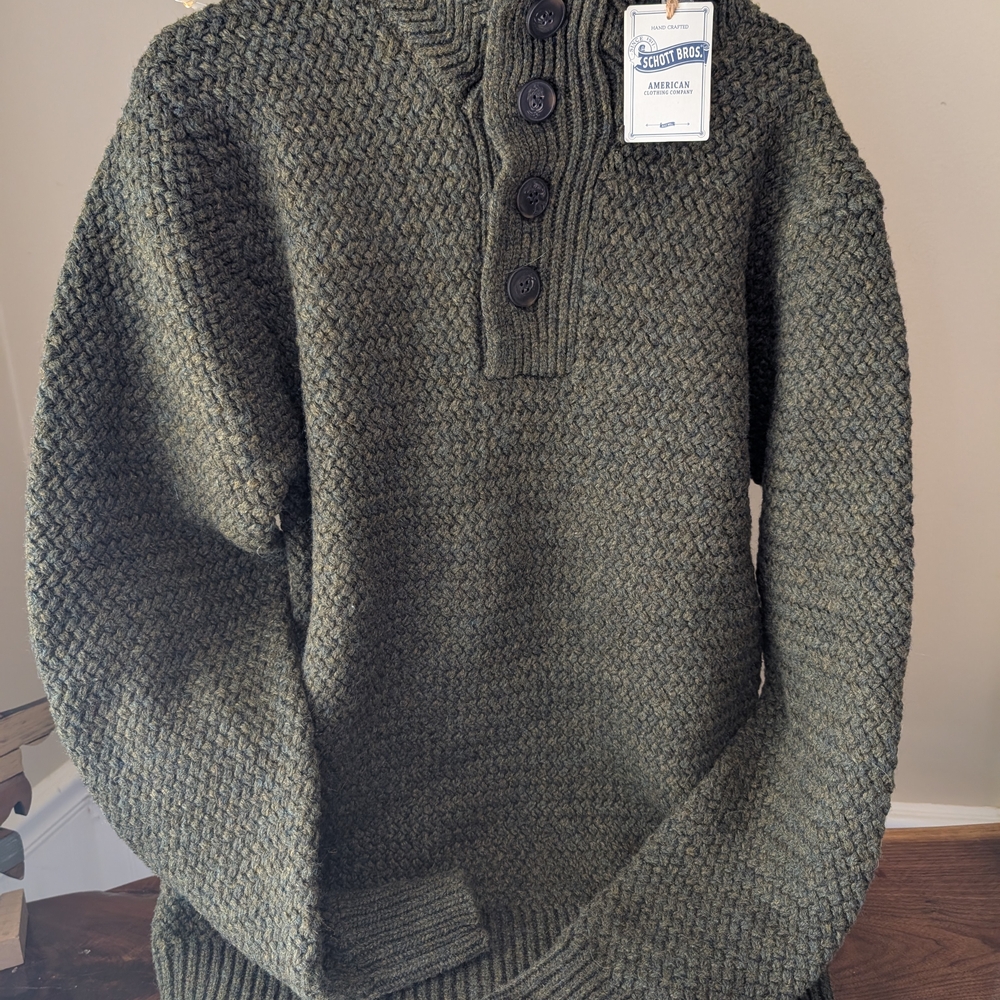 Schott Brothers Men's Olive Knit Button-Neck Sweater